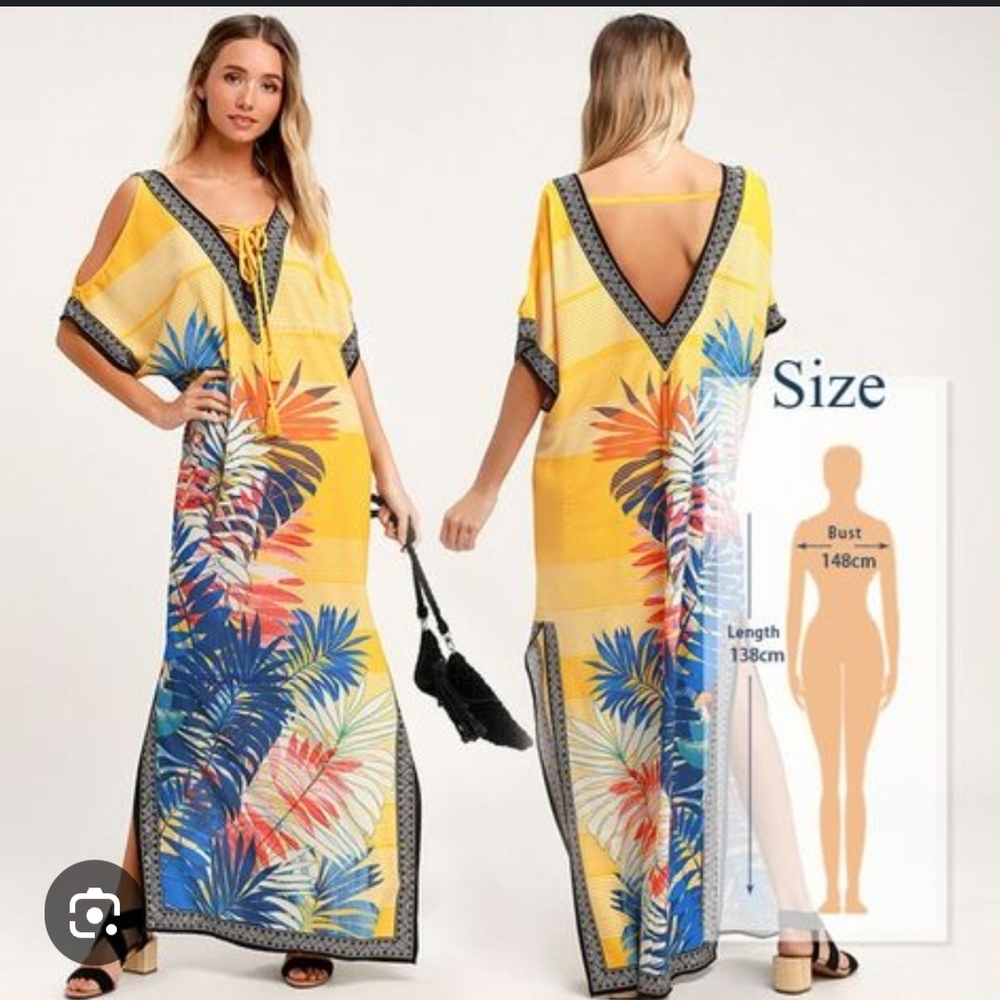 Lulu's Tropical Yellow and Blue Swim Cover-Up/Maxi Dress